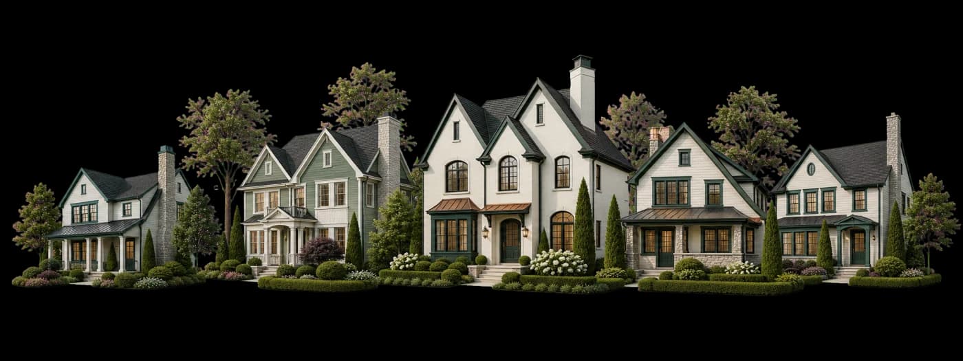 A dimensional streetscape of varied Long Island homes